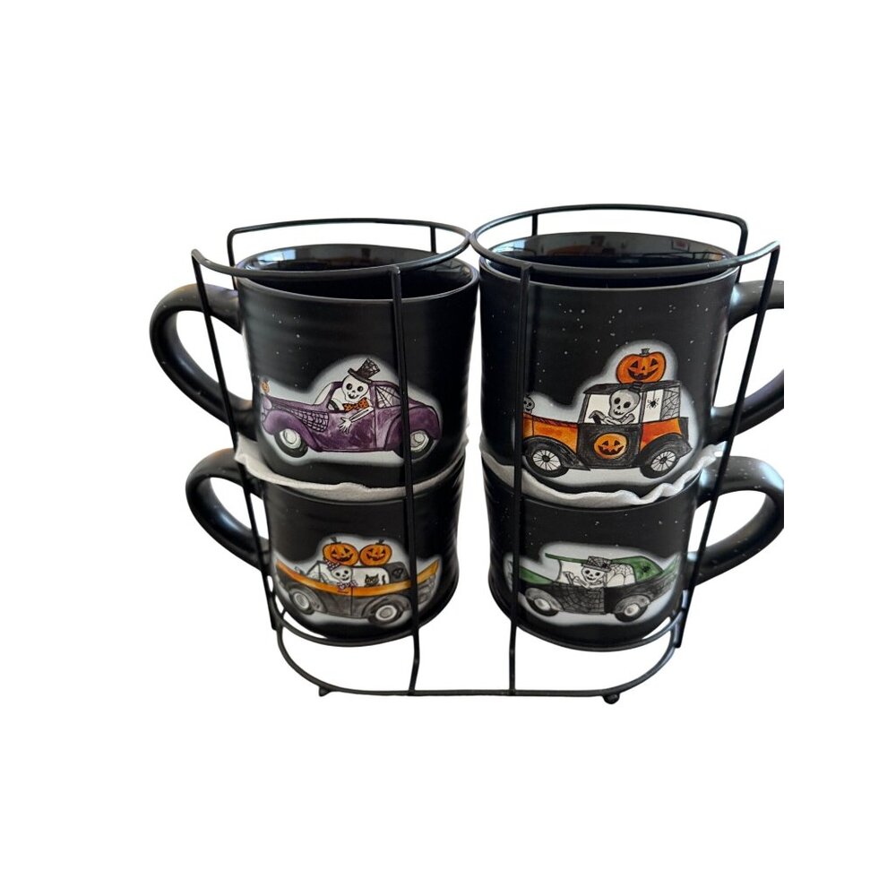 Cobwebs And Cauldrons Ceramic Halloween Set of 4 Mugs Pumpkins Skeletons In Cars - Picture 8 of 14